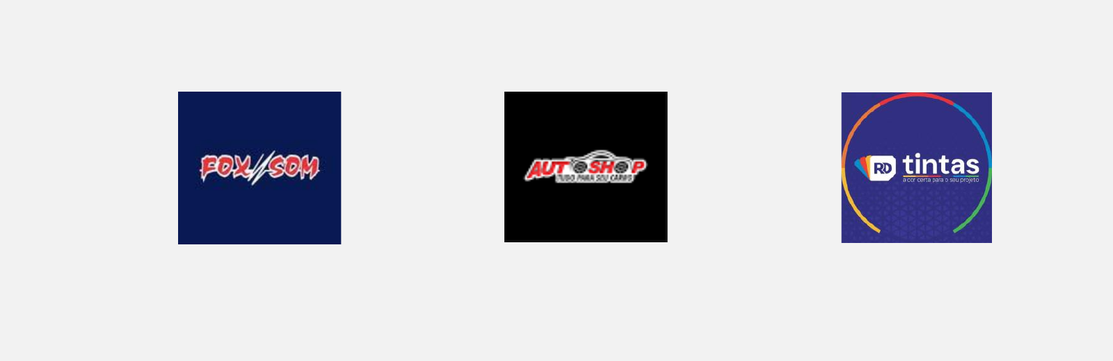 Mais logos de empresas atendidas por Marcos Roel, incluindo Fox Som, Auto Shop e RD Tintas
