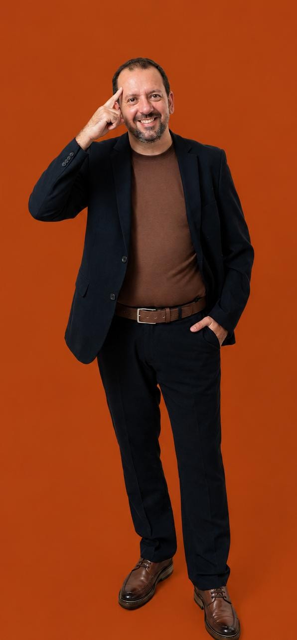 Marcos Roel sorrindo, de braços cruzados